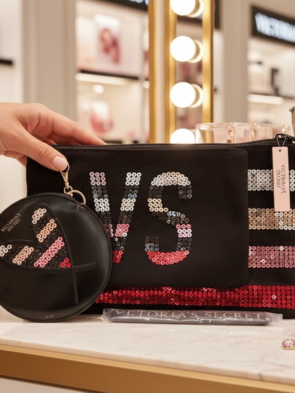 Victoria's Secret Black Sequin Logo Pouch & Round Coin Case three piece set